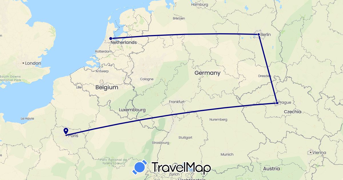 TravelMap itinerary: driving in Czech Republic, Germany, France, Netherlands (Europe)